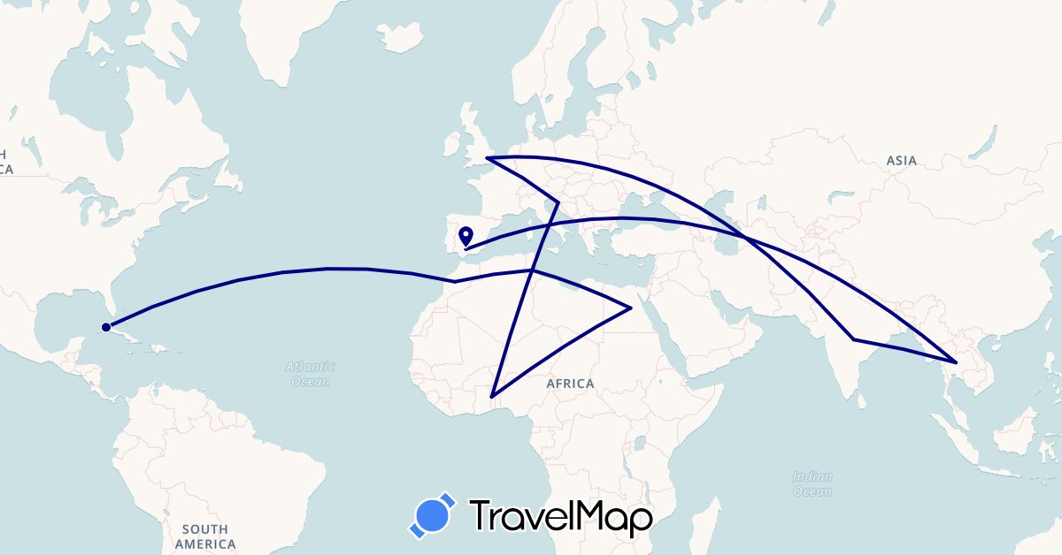 TravelMap itinerary: driving in Cuba, Egypt, Spain, United Kingdom, Croatia, India, Morocco, Togo, Thailand, Tunisia (Africa, Asia, Europe, North America)